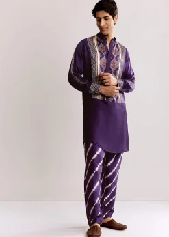 Purple Silk Kurta Set With Ajrakh Print