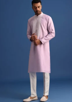 Purple Silk Kurta Set With Hand Embroidery