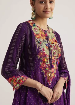Purple Silk Kurta Set With Resham Embroidery And Dupatta
