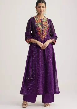 Purple Silk Kurta Set With Resham Embroidery And Dupatta