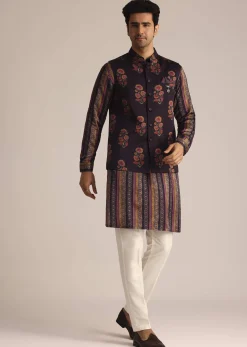 Purple Silk Kurta Set With Floral Print Jacket