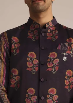 Purple Silk Kurta Set With Floral Print Jacket