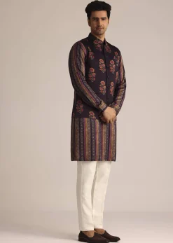 Purple Silk Kurta Set With Floral Print Jacket