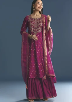 Purple Silk Kurta Sharara Suit With Bandhani And Sequins Work