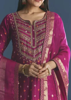 Purple Silk Kurta Sharara Suit With Bandhani And Sequins Work
