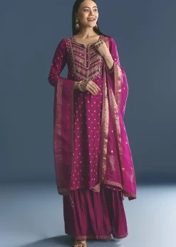 Purple Silk Kurta Sharara Suit With Bandhani And Sequins Work
