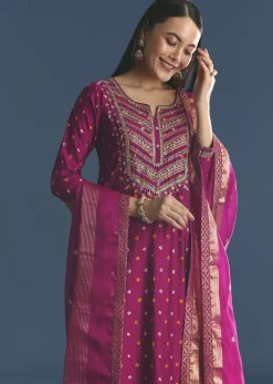 Purple Silk Kurta Sharara Suit With Bandhani And Sequins Work