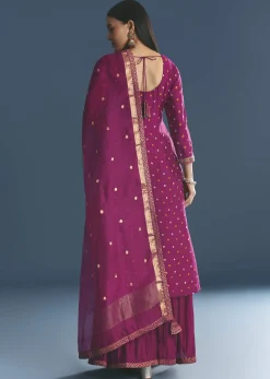 Purple Silk Kurta Sharara Suit With Bandhani And Sequins Work