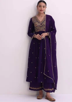 Purple Silk Palazzo Set With Zari Embroidered A-Line Kurta And Dupatta