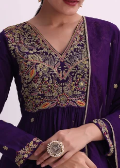 Purple Silk Palazzo Set With Zari Embroidered A-Line Kurta And Dupatta