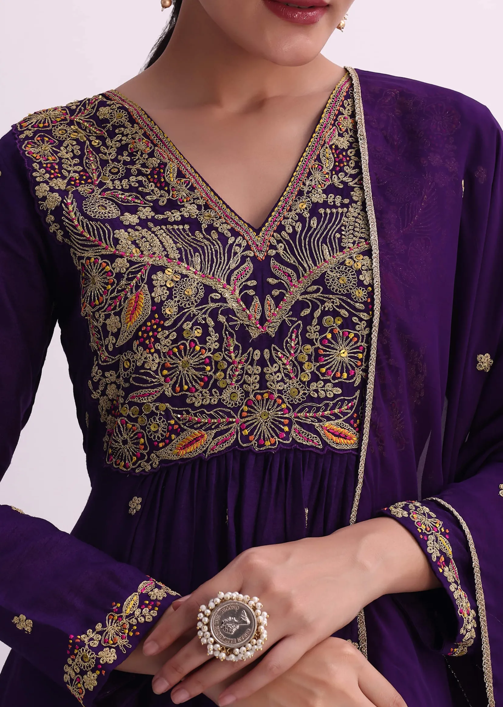 Purple Silk Palazzo Set With Zari Embroidered A-Line Kurta And Dupatta