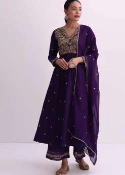 Purple Silk Palazzo Set With Zari Embroidered A-Line Kurta And Dupatta