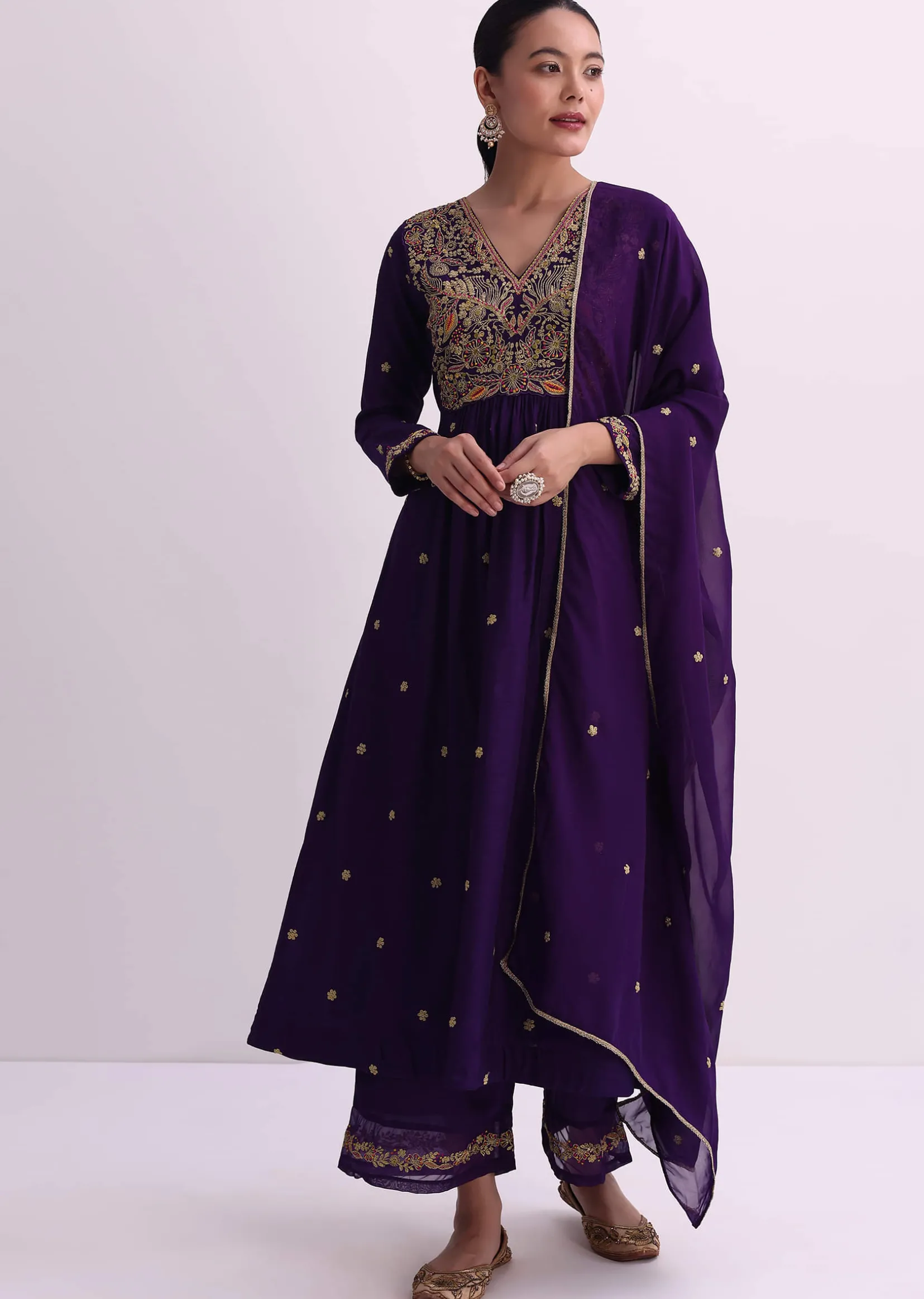 Purple Silk Palazzo Set With Zari Embroidered A-Line Kurta And Dupatta