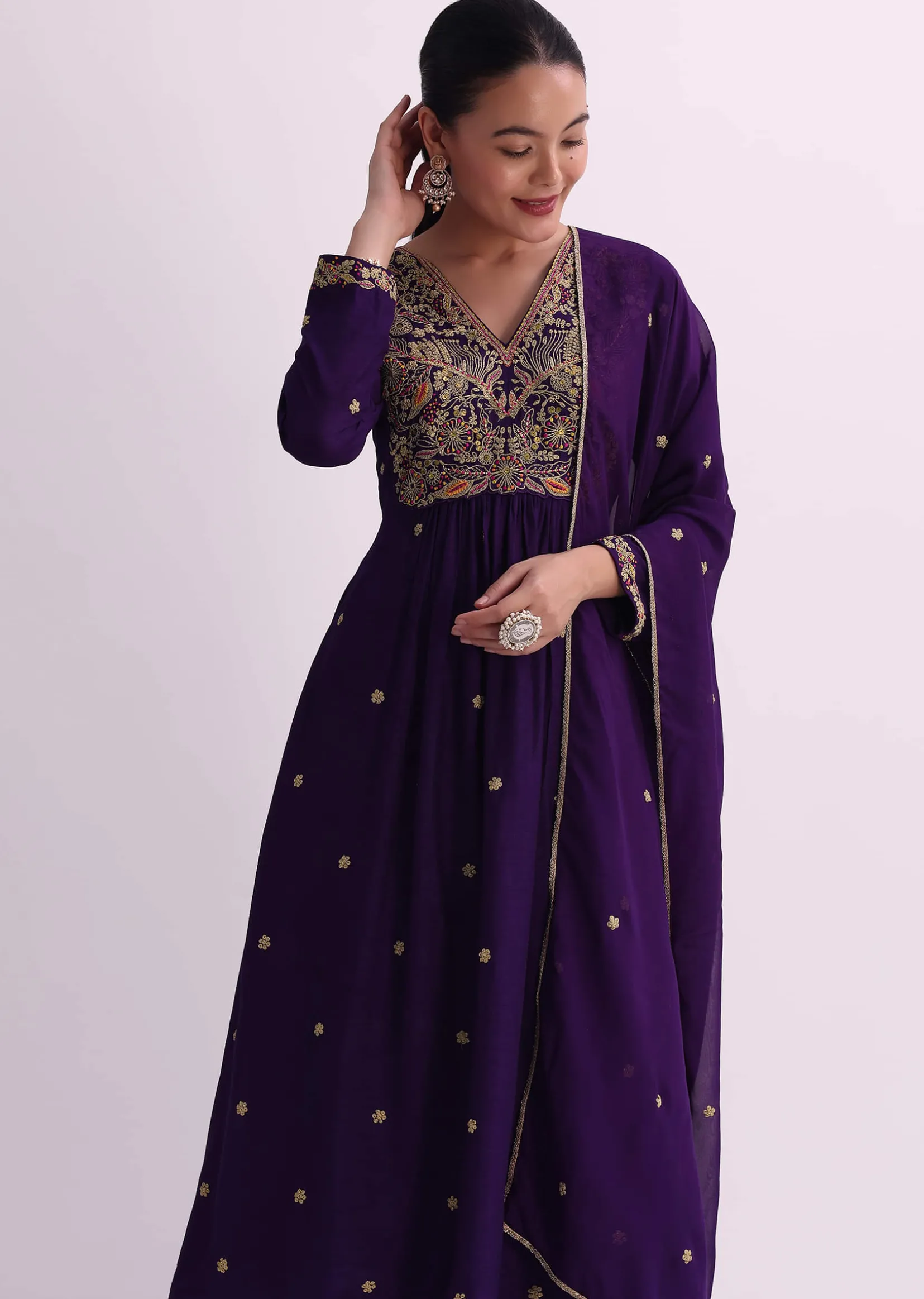 Purple Silk Palazzo Set With Zari Embroidered A-Line Kurta And Dupatta