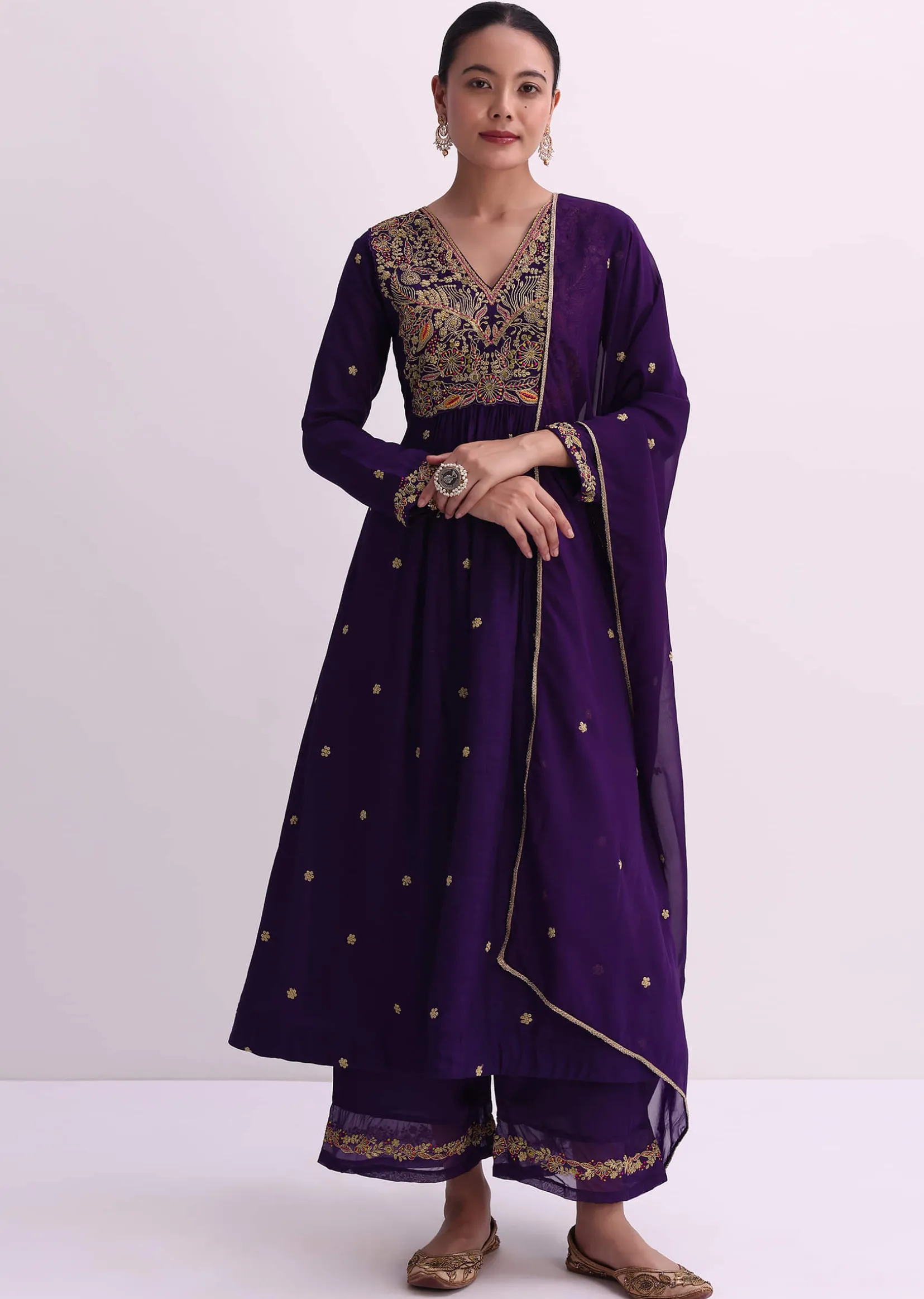 Purple Silk Palazzo Set With Zari Embroidered A-Line Kurta And Dupatta