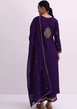 Purple Silk Palazzo Set With Zari Embroidered A-Line Kurta And Dupatta