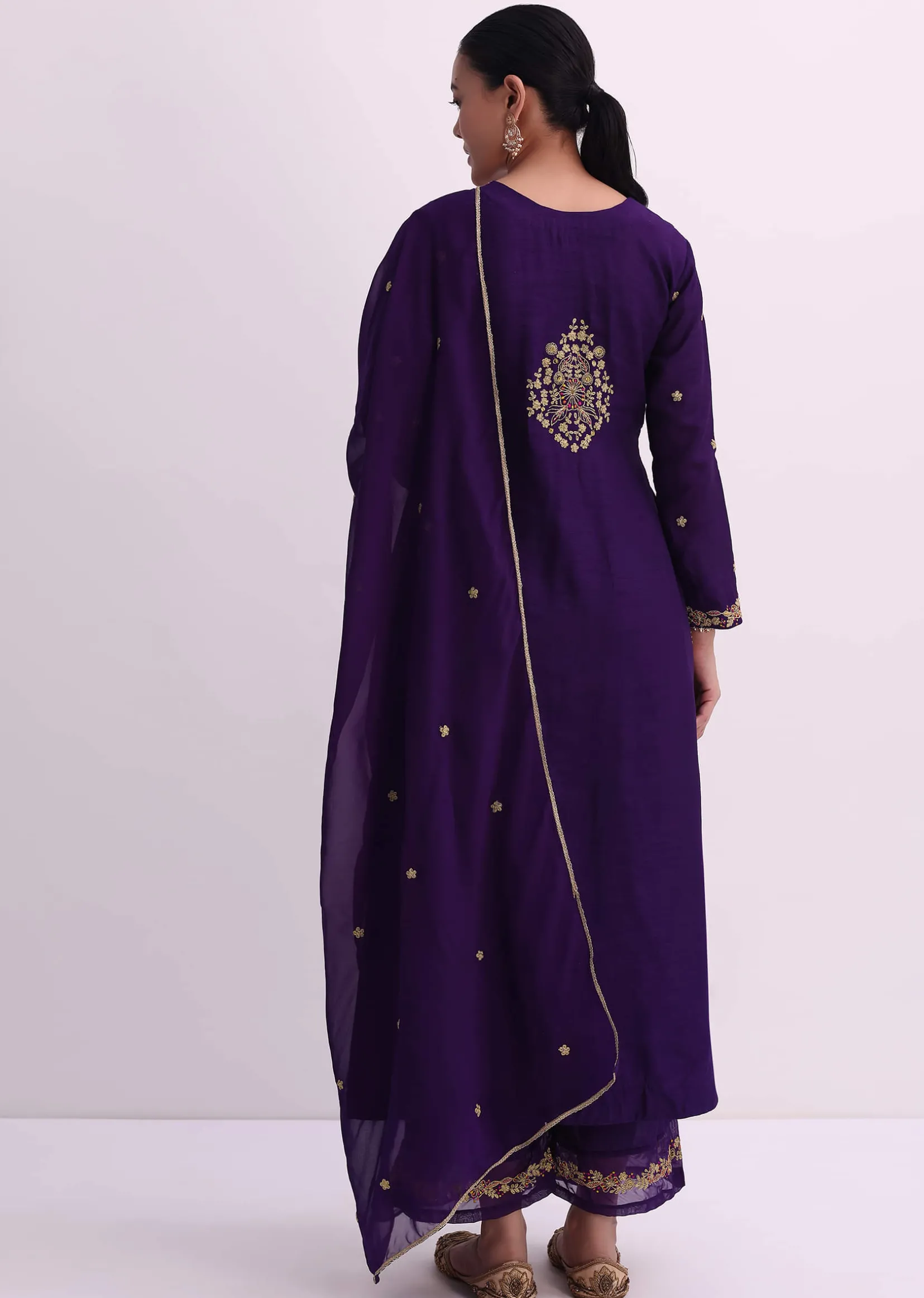 Purple Silk Palazzo Set With Zari Embroidered A-Line Kurta And Dupatta