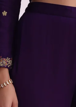 Purple Silk Palazzo Set With Zari Embroidered A-Line Kurta And Dupatta
