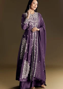 Purple Silk Palazzo Suit With Moti Work