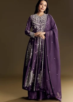 Purple Silk Palazzo Suit With Moti Work