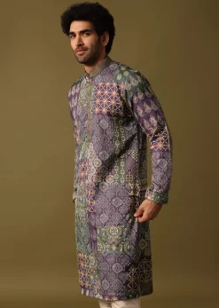 Purple Silk Printed Kurta Pyjama For Men