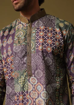 Purple Silk Printed Kurta Pyjama For Men