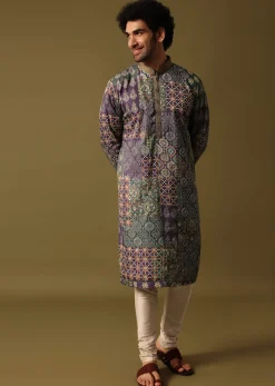 Purple Silk Printed Kurta Pyjama For Men