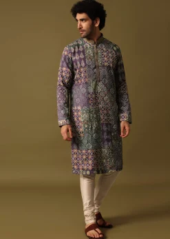 Purple Silk Printed Kurta Pyjama For Men