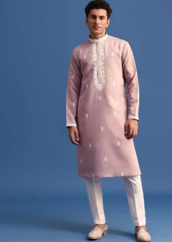 Purple Silk Resham Embroidered Kurta Set