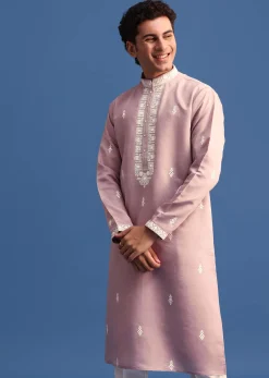 Purple Silk Resham Embroidered Kurta Set