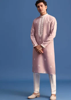 Purple Silk Resham Embroidered Kurta Set