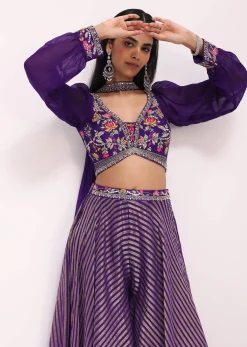 Purple Silk Resham Work Crop Top Set With Palazzo And Dupatta