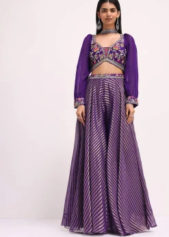 Purple Silk Resham Work Crop Top Set With Palazzo And Dupatta