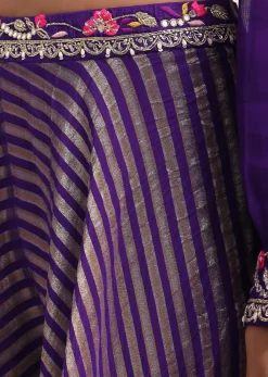Purple Silk Resham Work Crop Top Set With Palazzo And Dupatta