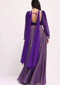 Purple Silk Resham Work Crop Top Set With Palazzo And Dupatta