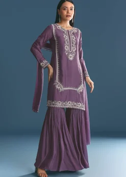 Purple Silk Sequin Work Kurta Sharara With Dupatta
