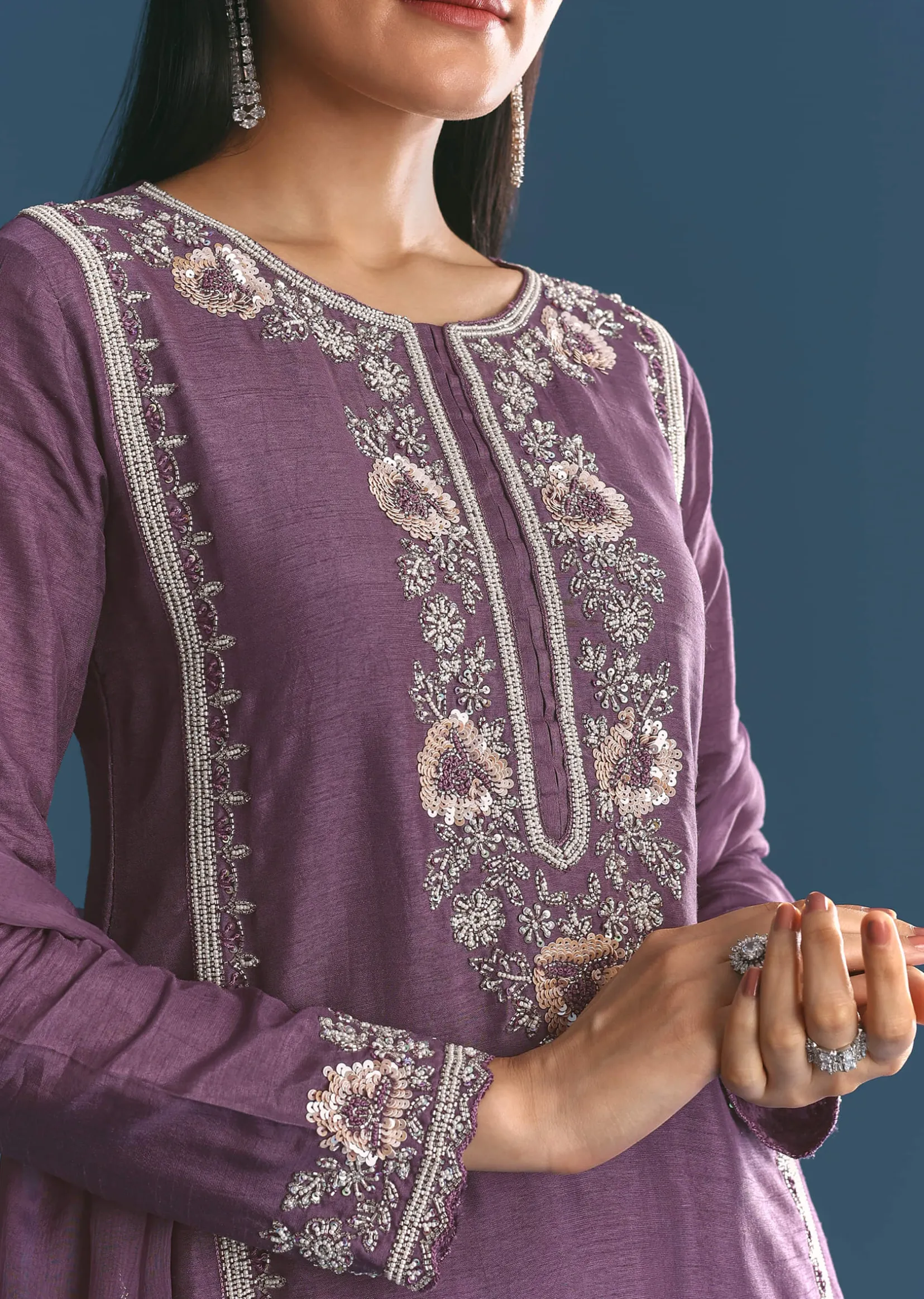 Purple Silk Sequin Work Kurta Sharara With Dupatta