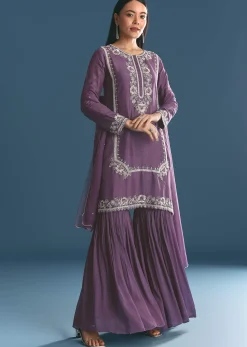 Purple Silk Sequin Work Kurta Sharara With Dupatta