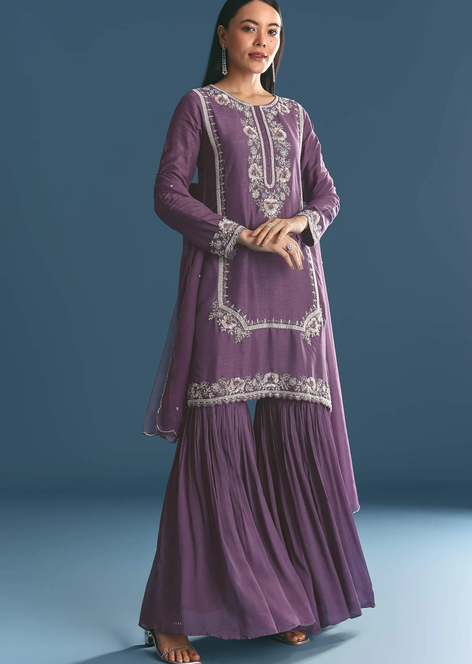 Purple Silk Sequin Work Kurta Sharara With Dupatta