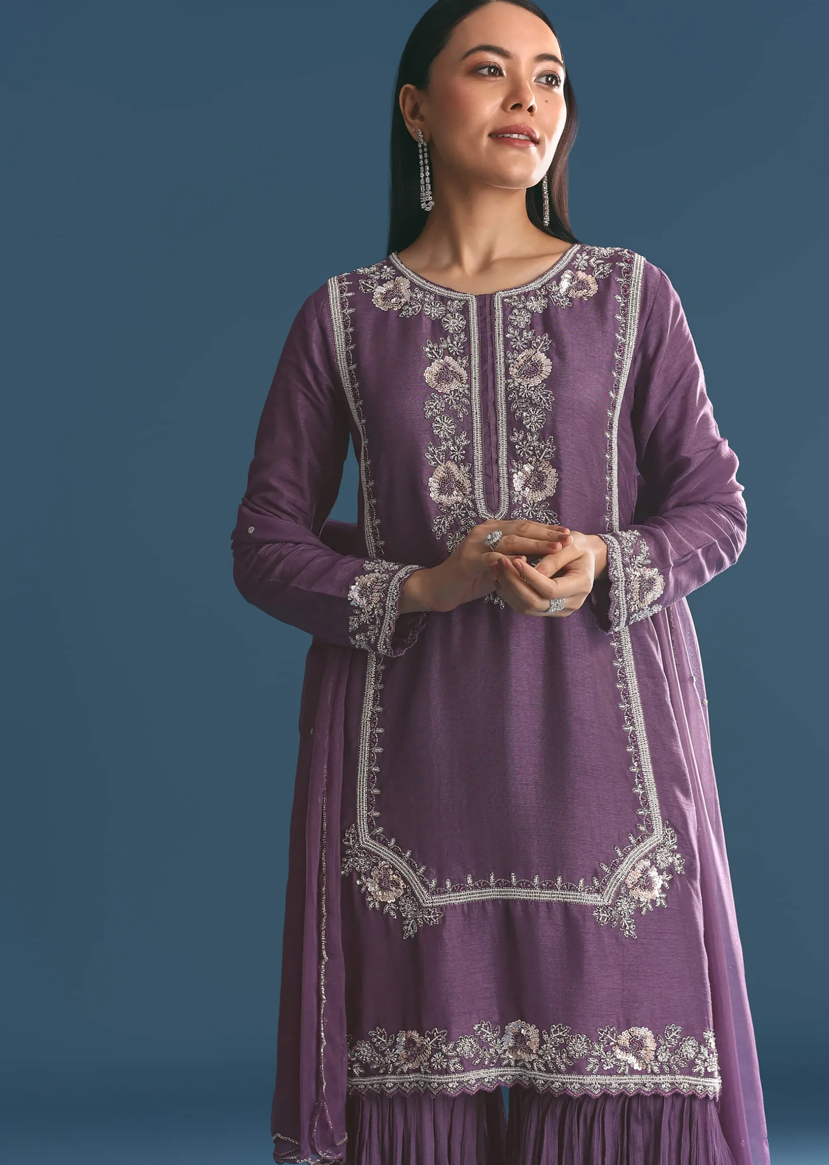 Purple Silk Sequin Work Kurta Sharara With Dupatta