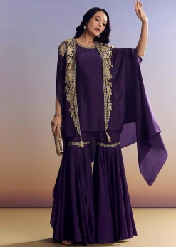 Purple Silk Sharara With Zari Cape