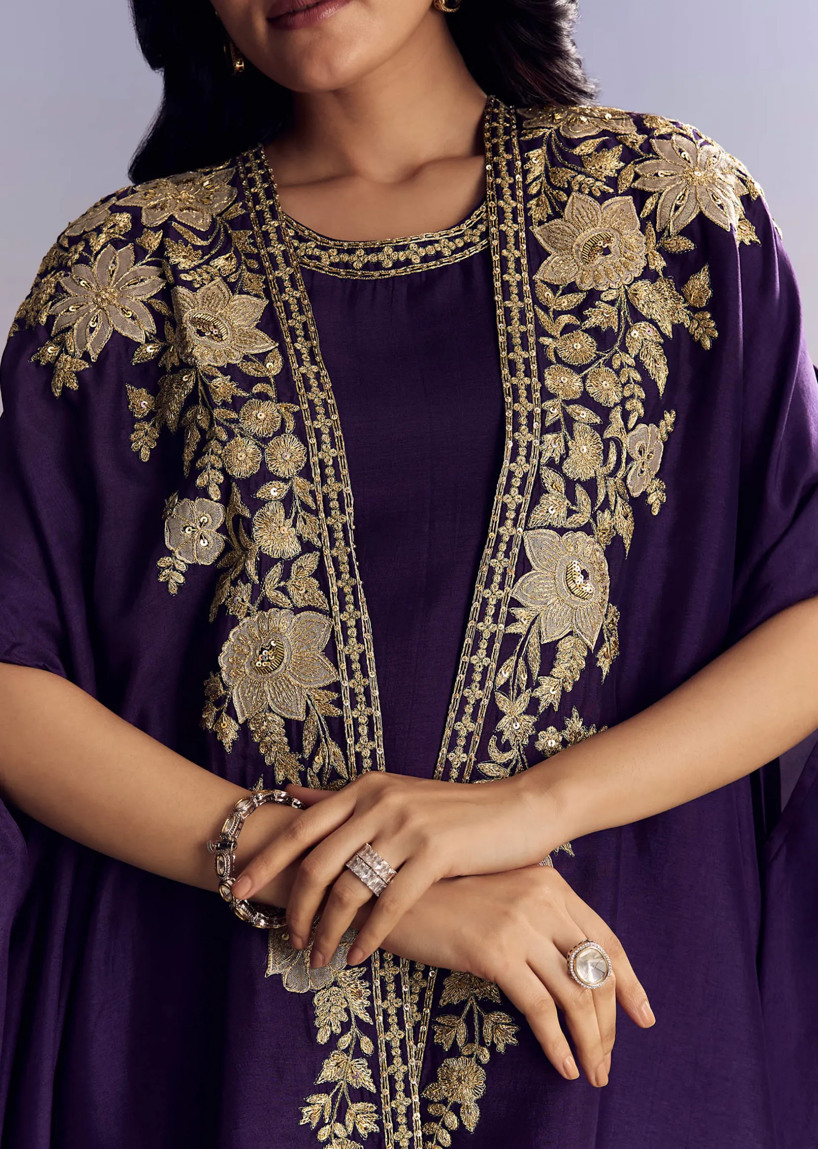 Purple Silk Sharara With Zari Cape