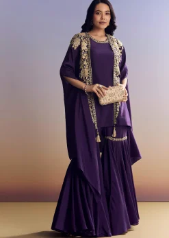 Purple Silk Sharara With Zari Cape