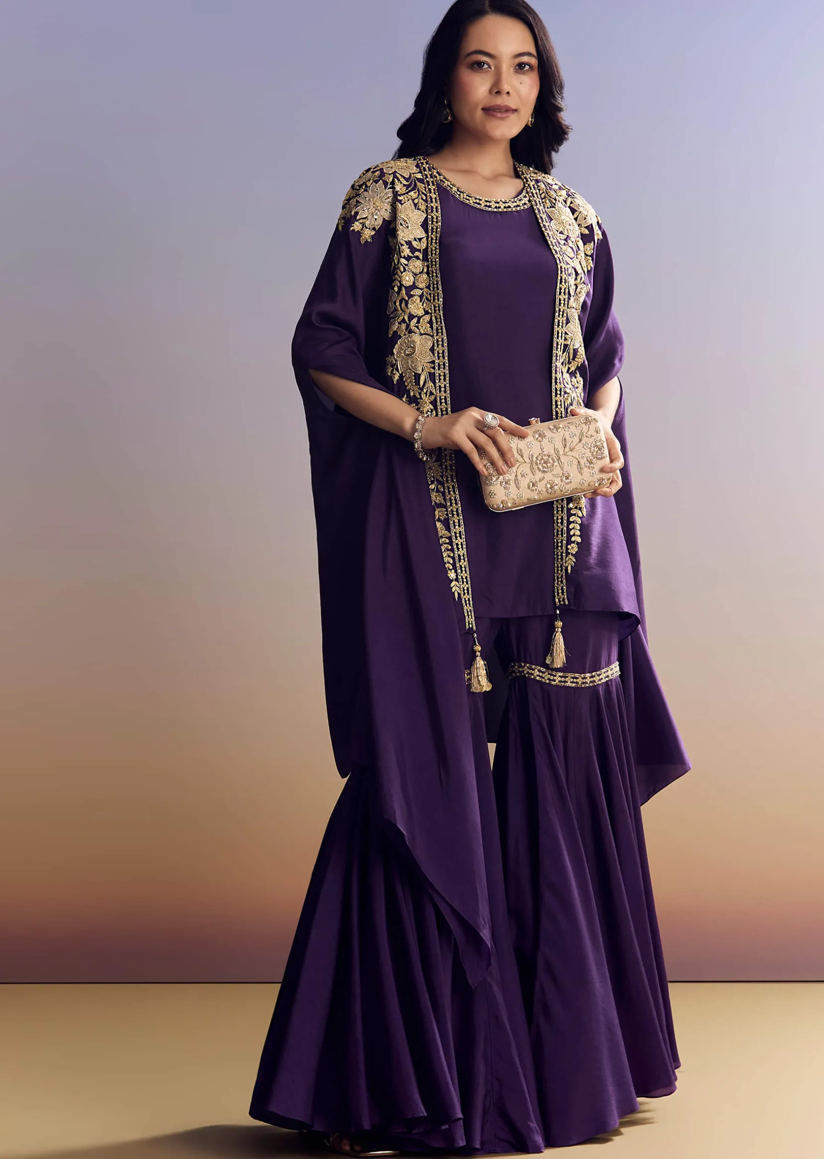 Purple Silk Sharara With Zari Cape