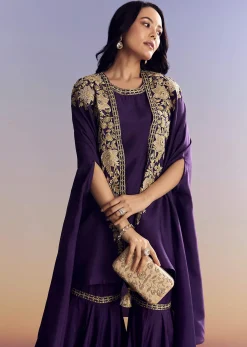 Purple Silk Sharara With Zari Cape