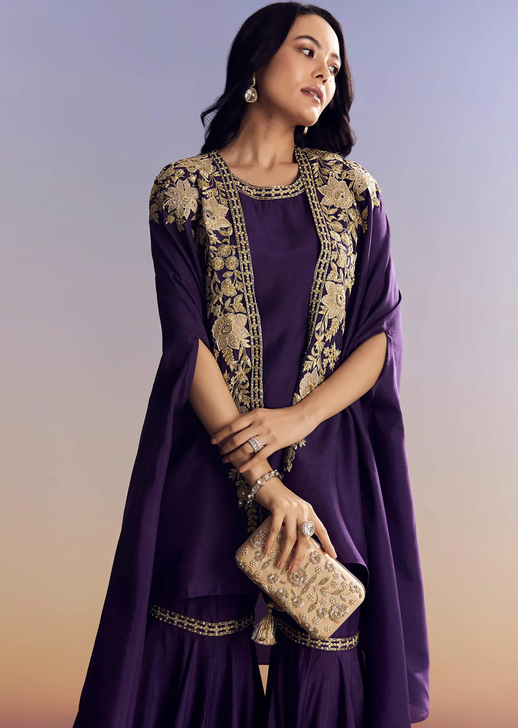 Purple Silk Sharara With Zari Cape