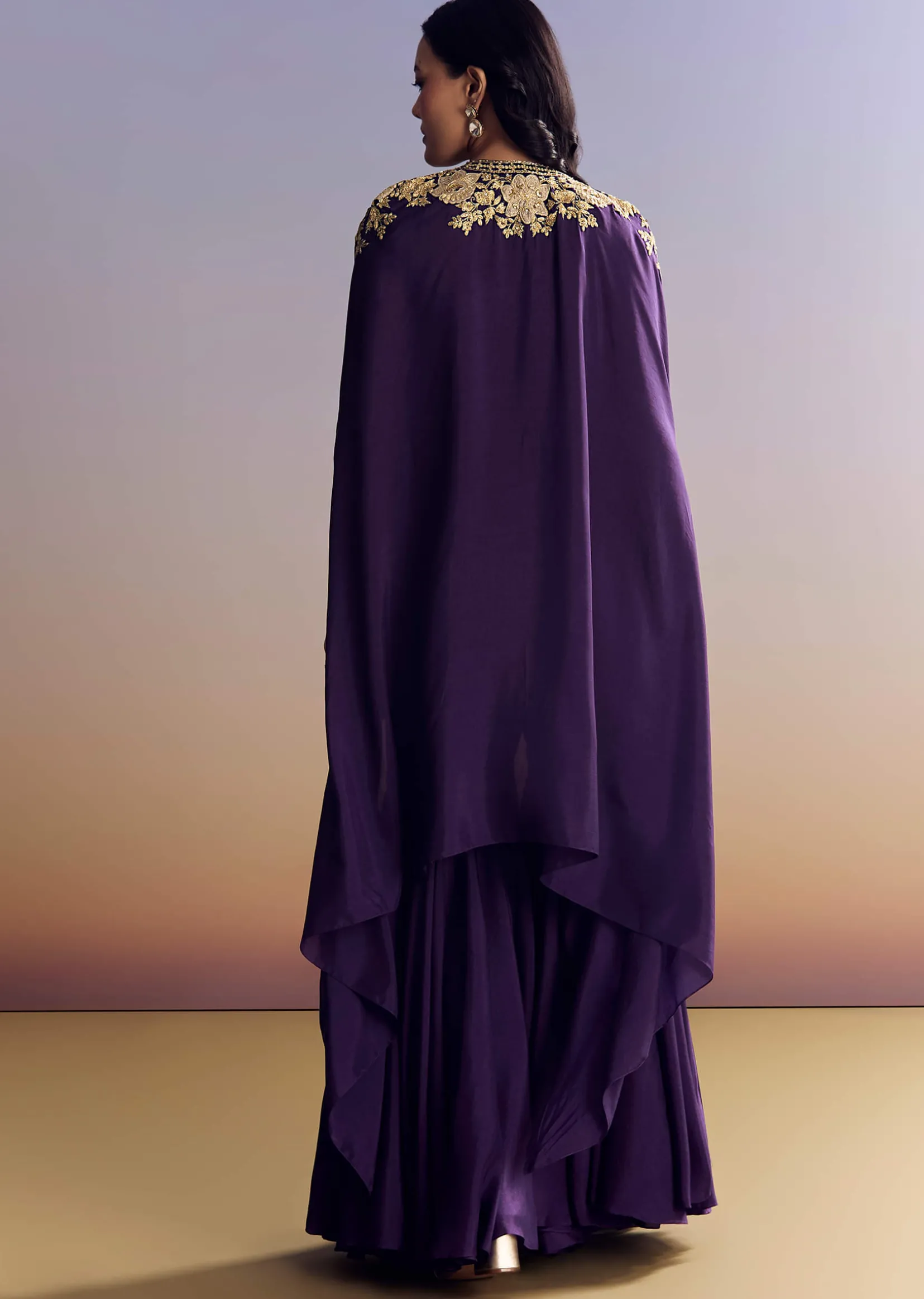 Purple Silk Sharara With Zari Cape