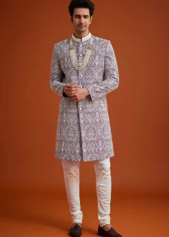 Purple Silk Sherwani Set With Bead Work