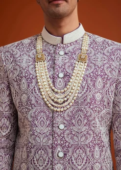 Purple Silk Sherwani Set With Bead Work