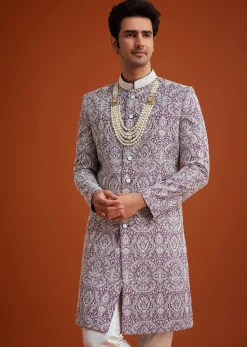 Purple Silk Sherwani Set With Bead Work